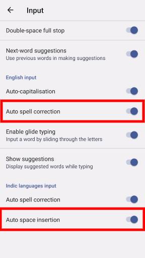 Google Indic Keyboard Auto Correct settings